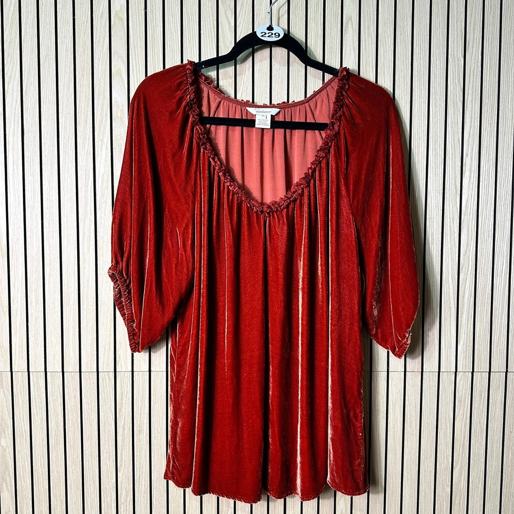 229 Sundance Velvet Silk Blend Tunic Top Ruffle Neck 3/4 Sleeve (XL, EUC) - Picture 2 of 4